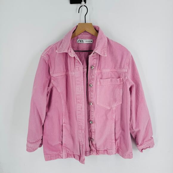 Zara Pink Denim Jacket Button Front Oversized Shacket Style USA Medium - Picture 7 of 7